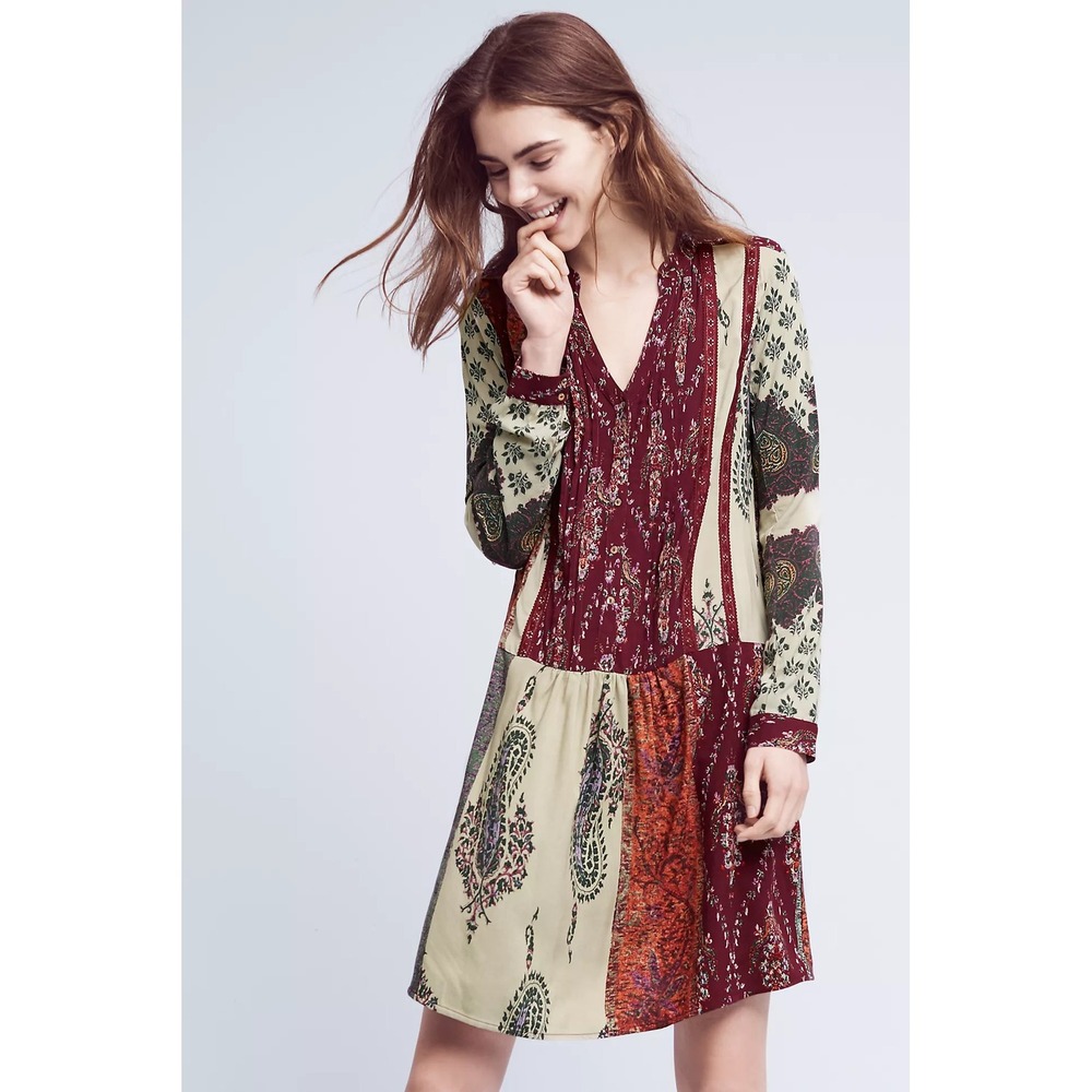Anthropologie Tiny Patchwork Paisley Mini Dress Burgundy Boho Artsy Small